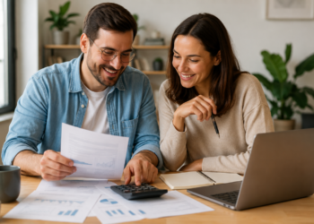 Um casal fazendo as contas e organização financeira