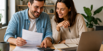 Um casal fazendo as contas e organização financeira